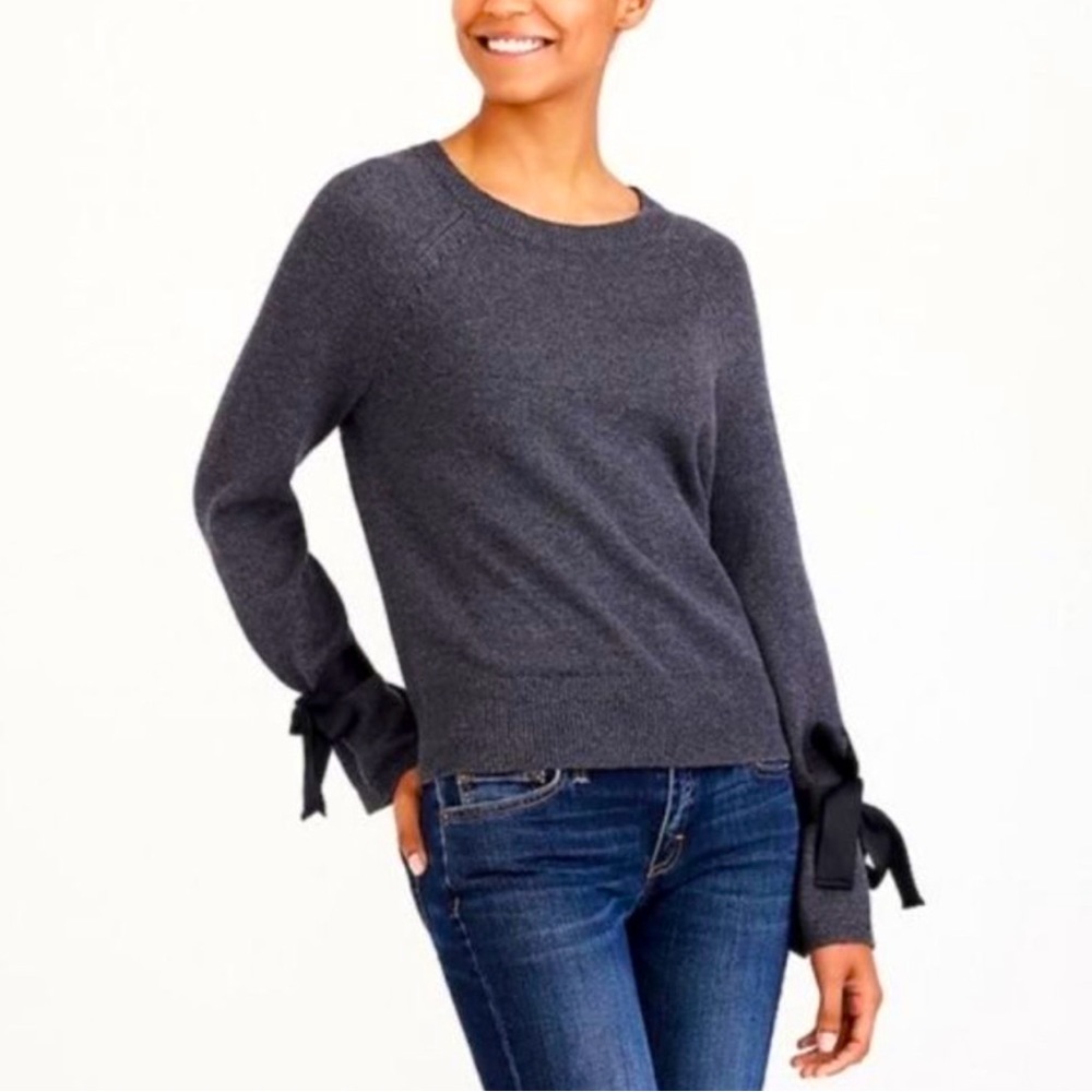 J Crew Mercantille Marino Wool Gray Tie Bell-Sleeve Crew Pullover S Coquette